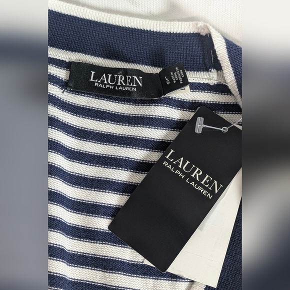 NWT Lauren Ralph Lauren Long Striped Silk Blend Cardigan Navy Nautical Size L - Picture 15 of 16